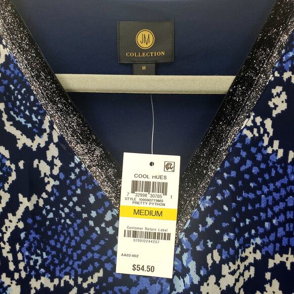 JM Collection Blouse Size M Blue Python Print VNeck Shimmer Trim Flowy Lined NWT - Picture 4 of 5